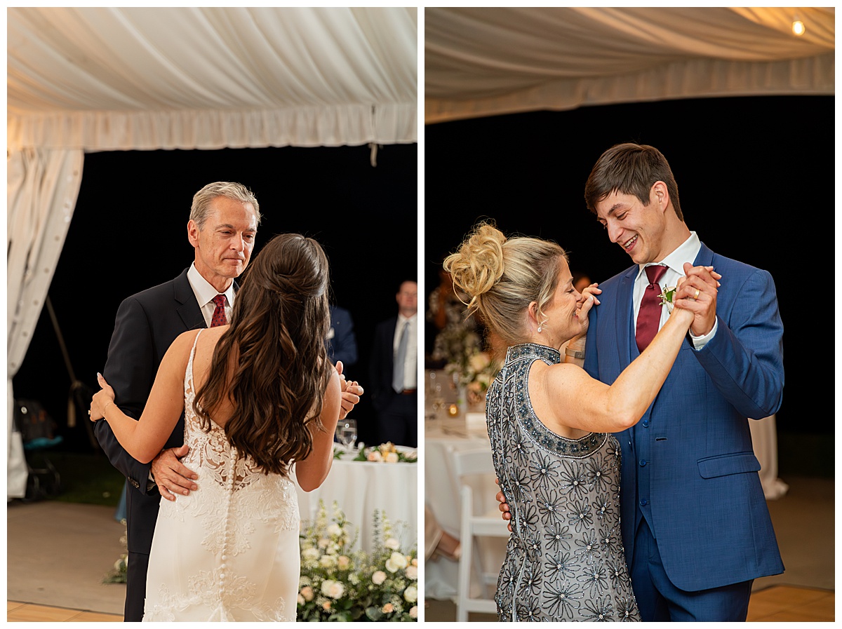 The bride and groom dance with their parents. It is nighttime and they are under the reception tent.