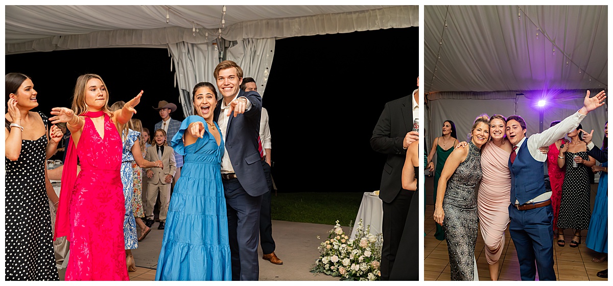 The bride, groom, and guests party during the reception. They are dancing on the dance floor, laughing, and posing for the camera.