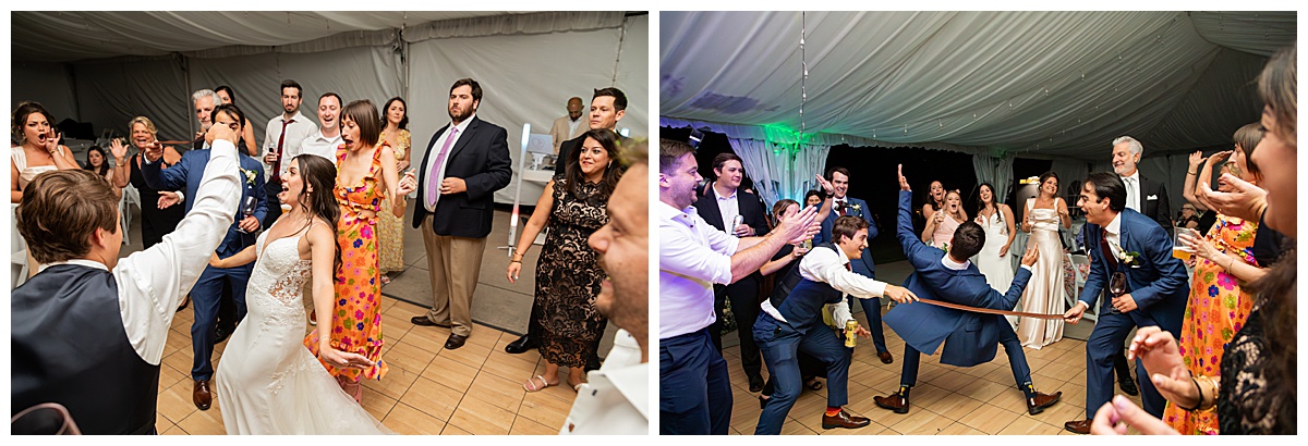 The bride, groom, and guests party during the reception. They are dancing on the dance floor, laughing, and posing for the camera.