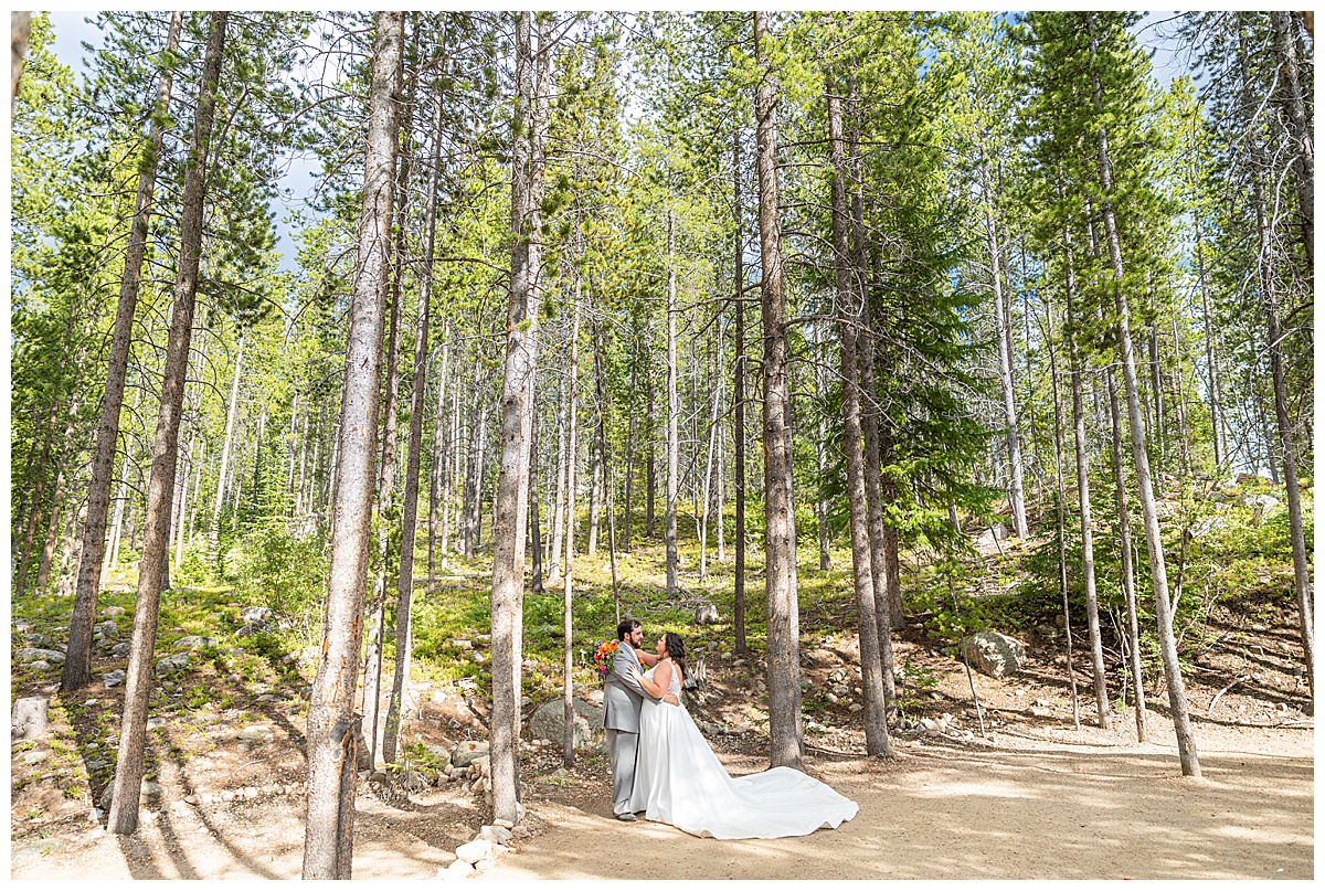 The bride and groom pose for photos. They are standing in a grove of pine trees. The bride's dress has a long train.