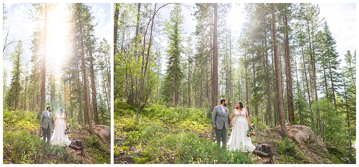 The bride and groom pose for photos. They are standing in a grove of pine trees.