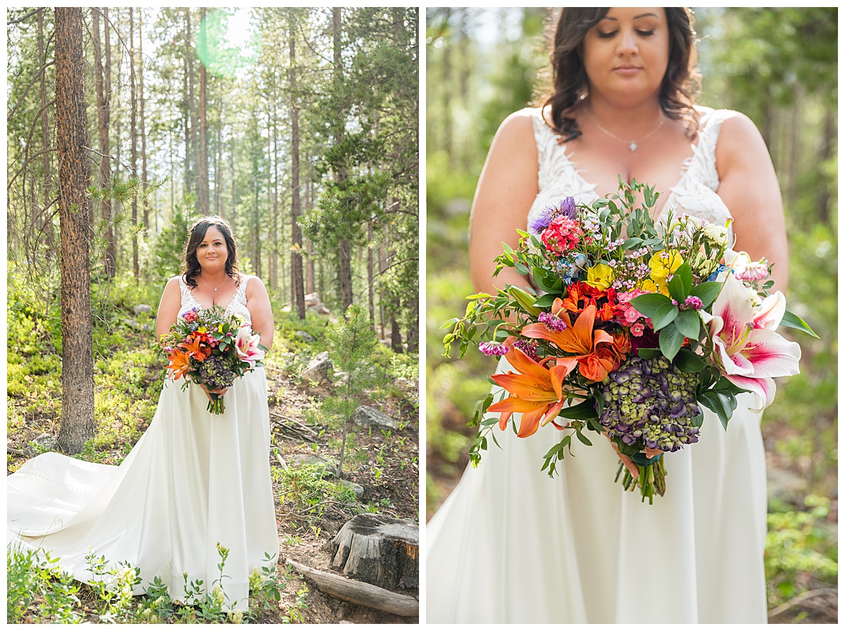 The bride takes solo photos. Her dress is white and lace on the top and a simple a-line skirt.