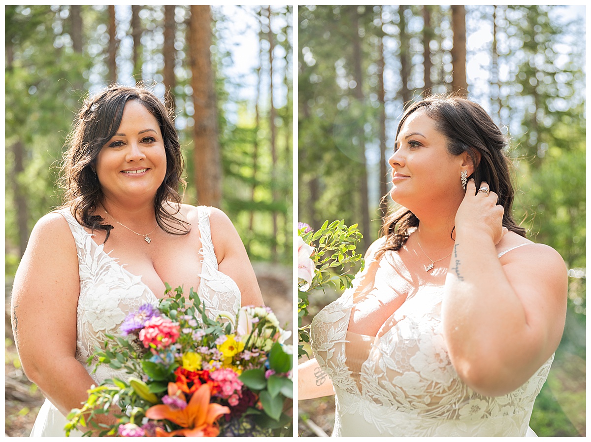 The bride takes solo photos. Her dress is white and lace on the top and a simple a-line skirt.