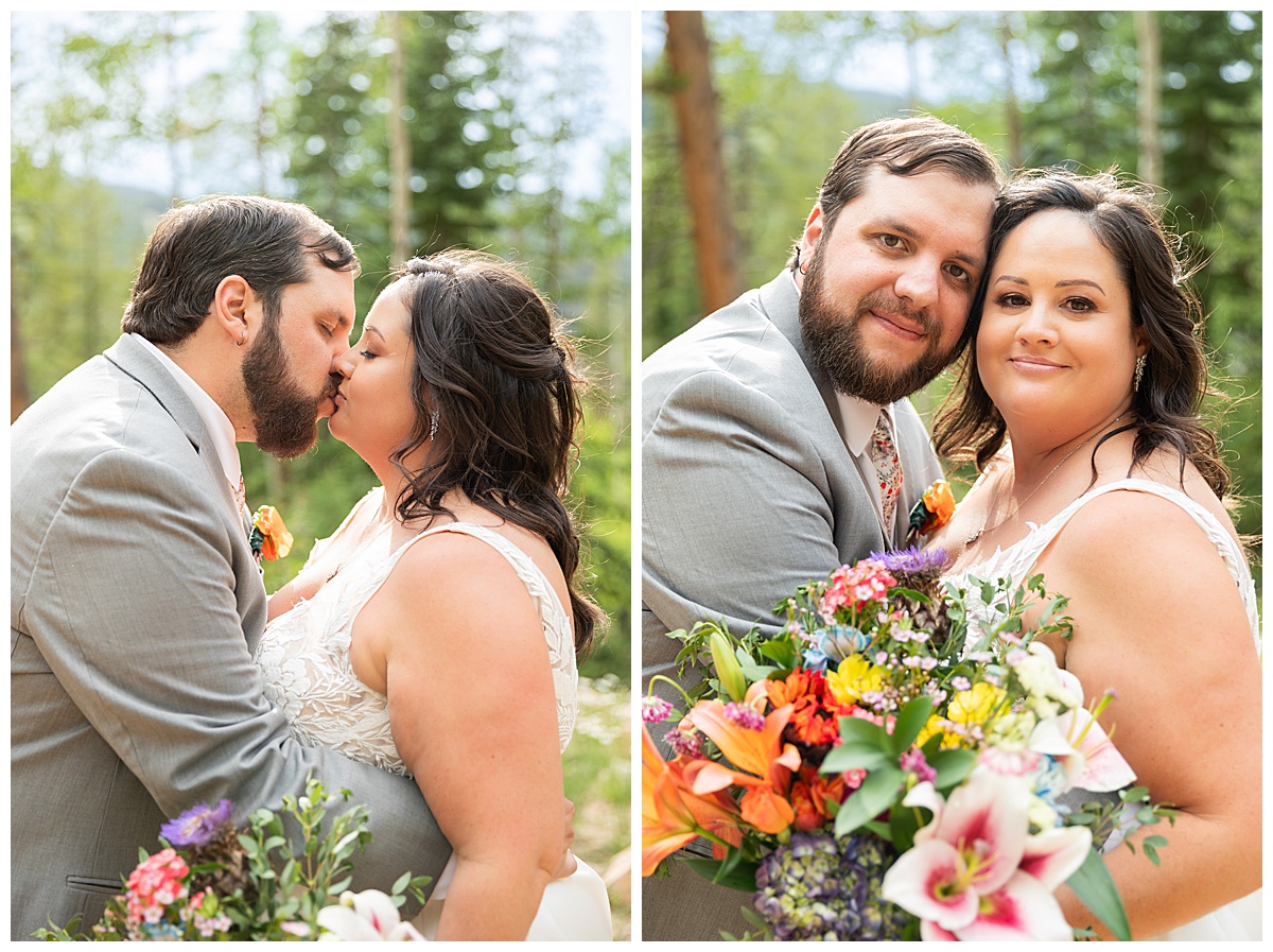 The bride and groom pose for photos. They are standing in a grove of pine trees.