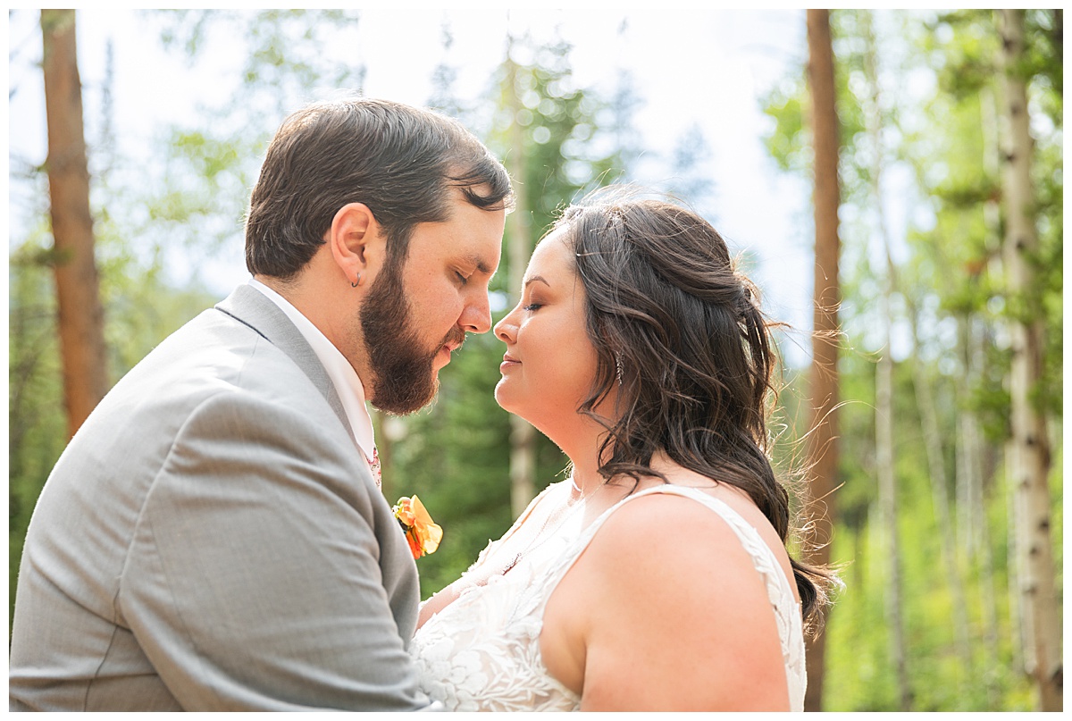 The bride and groom pose for photos. They are standing in a grove of pine trees.