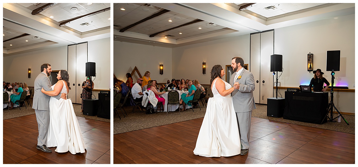 The bride and groom share their first dance in the ballroom of the Winter Park Mountain Lodge.