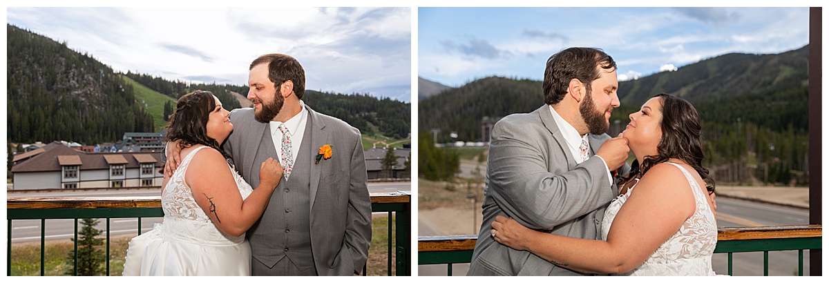 The bride and groom look out over the gondola and ski town of Winter Park together as the sun sets.