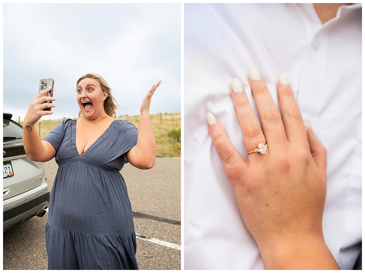 The couple takes couple's portraits. He is wearing black slacks and a short sleeve, white button-down. She has short blonde hair and is wearing a long blue dress. In a field in front of Red Rocks Amphitheater. 