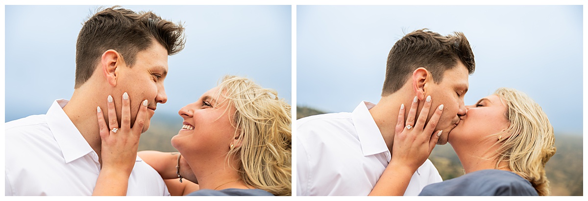 The couple takes couple's portraits. He is wearing black slacks and a short sleeve, white button-down. She has short blonde hair and is wearing a long blue dress. In a field in front of Red Rocks Amphitheater. 