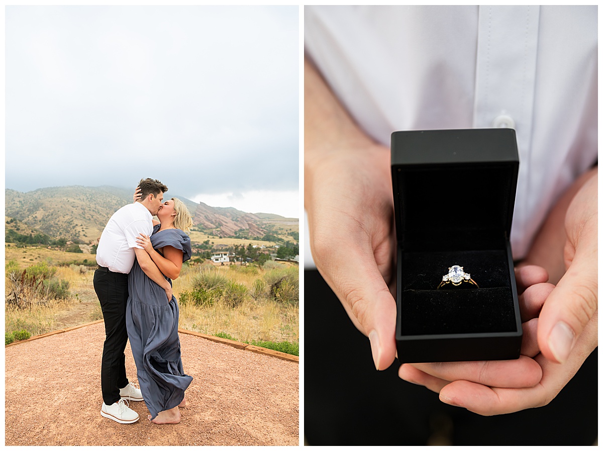 The couple takes couple's portraits. He is wearing black slacks and a short sleeve, white button-down. She has short blonde hair and is wearing a long blue dress. In a field in front of Red Rocks Amphitheater. 