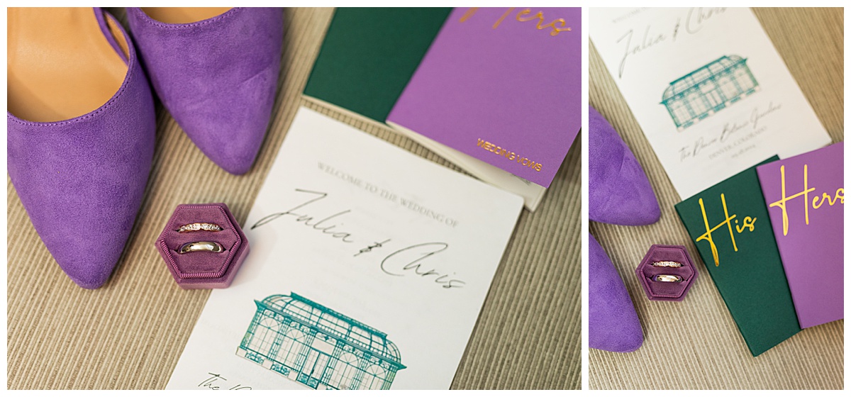 Close up shops of Julia & Chris' wedding details. There is a white program with a drawing of the green Woodland Mosaic Solarium and the words: "Welcome to the wedding of Julia & Chris", purple suede heels, a purple ring box with the wedding bands, and purple and green vow books.