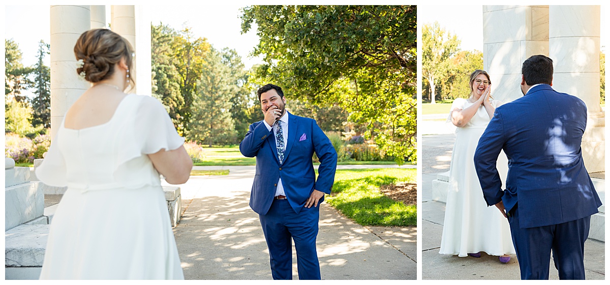 The bride and groom do their first look next to the white Cheesman Park Pavillion. The groom cries when he sees the bride.