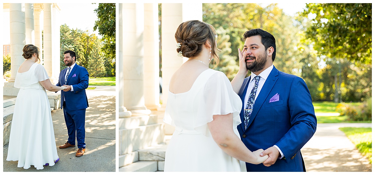 The bride and groom do their first look next to the white Cheesman Park Pavillion. 