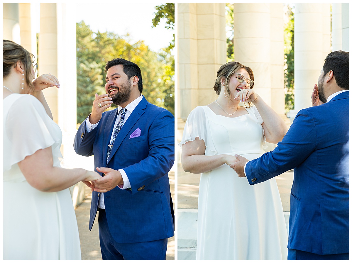 The bride and groom do their first look next to the white Cheesman Park Pavillion. 