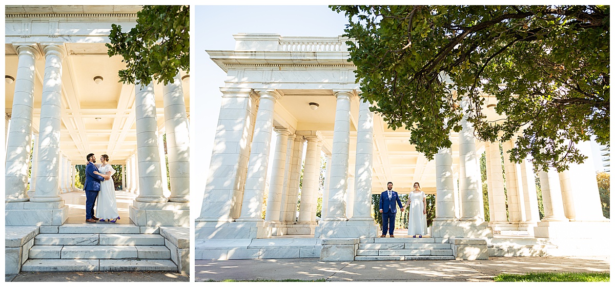 The bride and groom do their first look next to the white Cheesman Park Pavillion. 