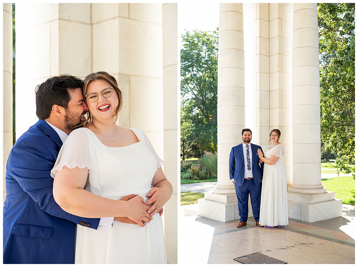 The bride and groom do their first look next to the white Cheesman Park Pavillion. 