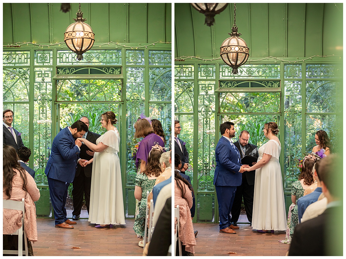 The bride and groom have their ceremony in the green metal Woodland Mosaic Solarium at their Denver Botanic Gardens wedding.