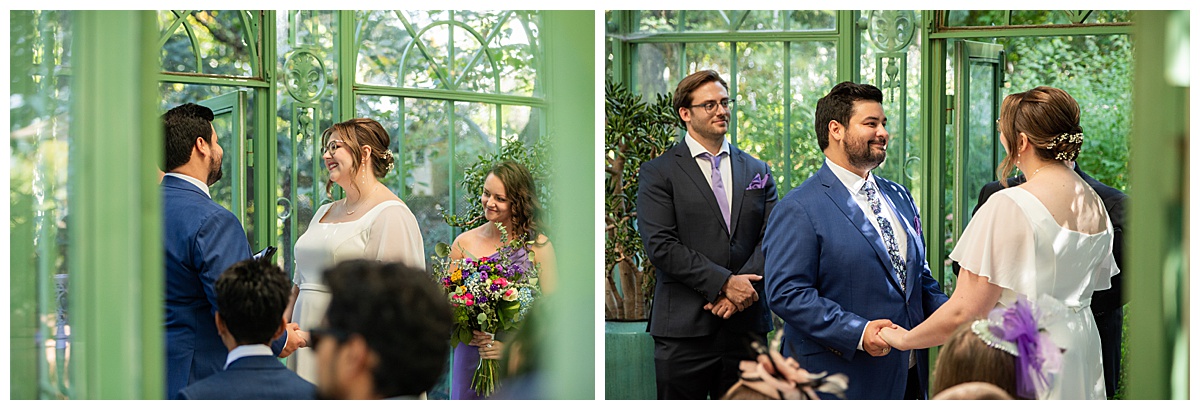 The bride and groom have their ceremony in the green metal Woodland Mosaic Solarium at their Denver Botanic Gardens wedding.