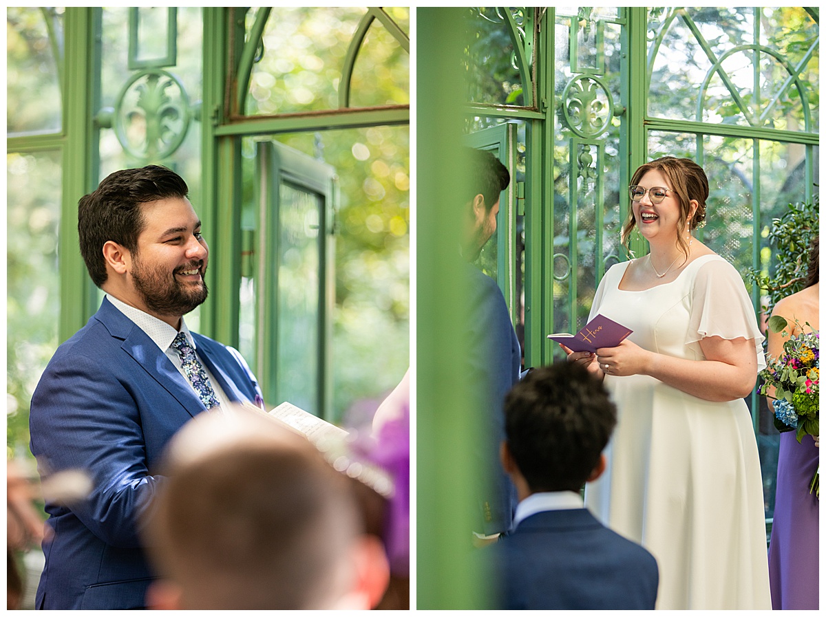 The bride and groom have their ceremony in the green metal Woodland Mosaic Solarium at their Denver Botanic Gardens wedding.