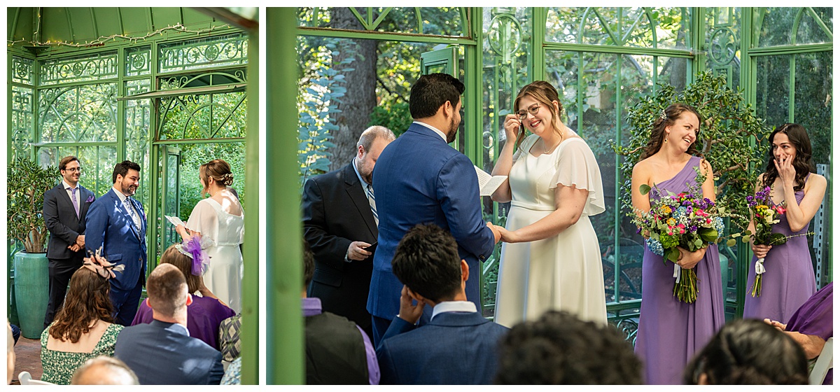 The bride and groom have their ceremony in the green metal Woodland Mosaic Solarium at their Denver Botanic Gardens wedding.