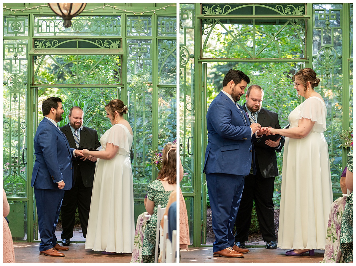 The bride and groom have their ceremony in the green metal Woodland Mosaic Solarium at their Denver Botanic Gardens wedding.