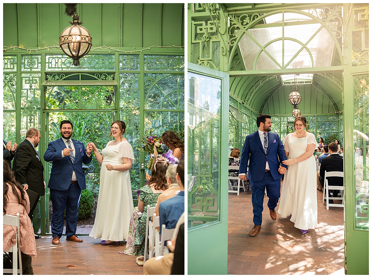 The bride and groom have their ceremony in the green metal Woodland Mosaic Solarium at their Denver Botanic Gardens wedding.