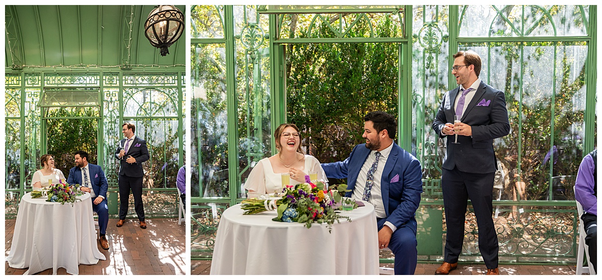 The reception happens inside the green metal Woodland Mosaic Solarium. The best man gives a toast.