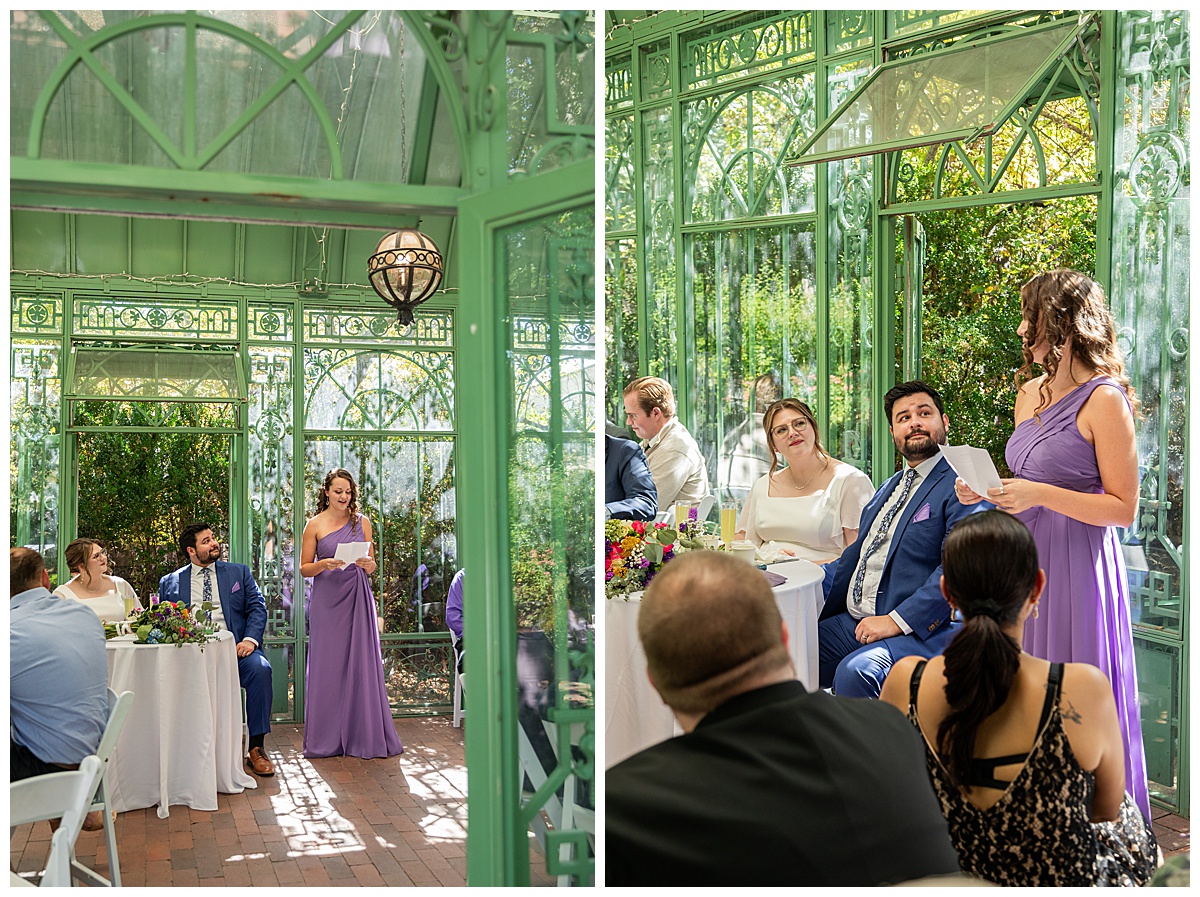 The reception happens inside the green metal Woodland Mosaic Solarium. The maid of honor gives a toast.