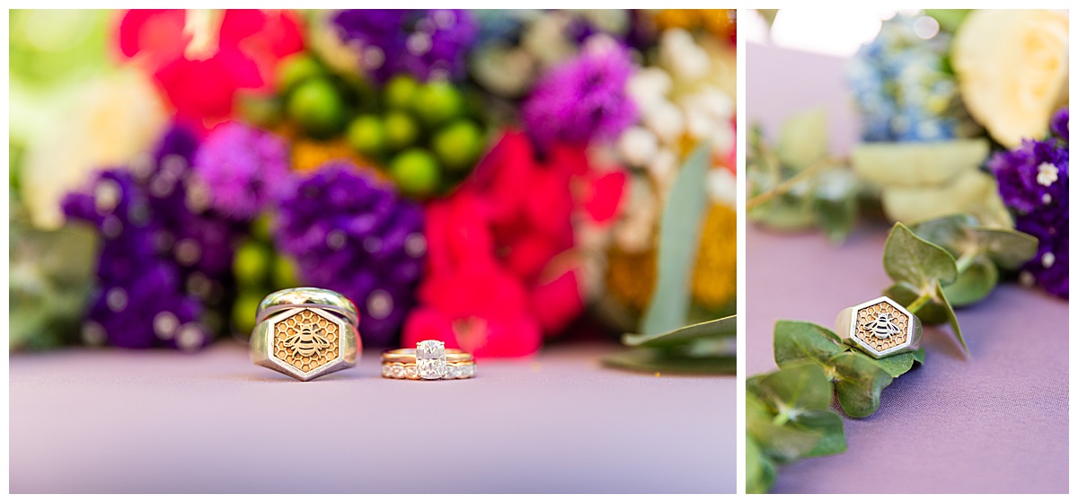 A close up of the couple's rings in the bride's bouquet. The bouquet has lots of colors including: purple, light blue, bright pink, yellow, white, and green.