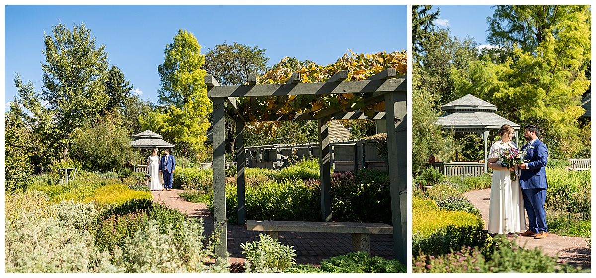 The bride and groom pose in front of a gazebo while walking towards the camera at their Denver Botanic Gardens wedding.