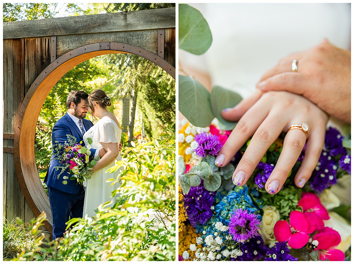 The bride and groom pose in the Asian garden. They are standing under a large wooden circle arch.