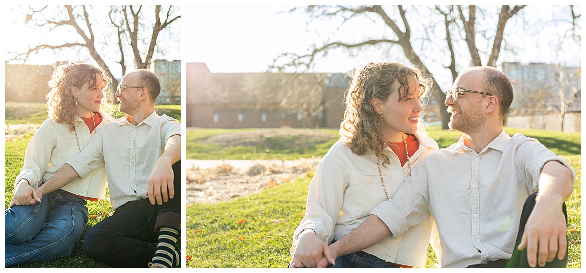 Lily & Cody sit on the grass of Bega Park. Lily has curly brown hair and is wearing a red shirt, a cream jacket, and jeans. Cody is wearing glasses with a cream button down shirt and jeans.