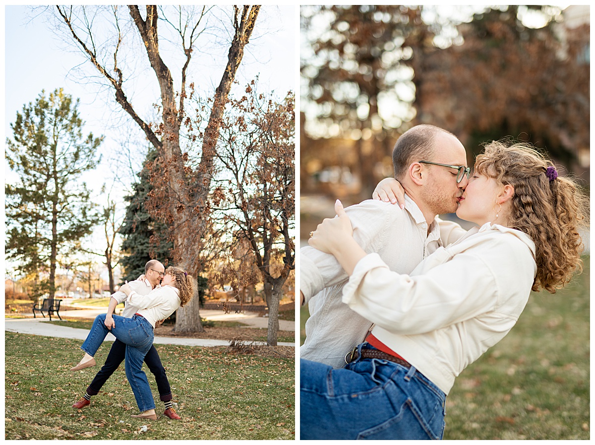 Lily & Cody pose in Bega Park. Lily has curly brown hair and is wearing a red shirt, a cream jacket, and jeans. Cody is wearing glasses with a cream button down shirt and jeans.