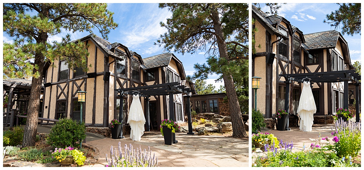 The bride's white, a-line, lace dress hangs outside a tudor-style mansion.