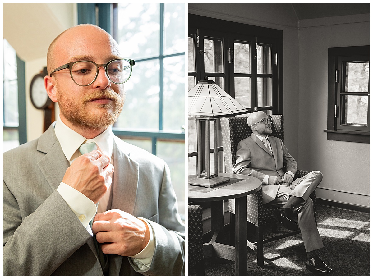 Photos of the groom getting ready. He is wearing glasses, a grey suit, and a sage green tie.