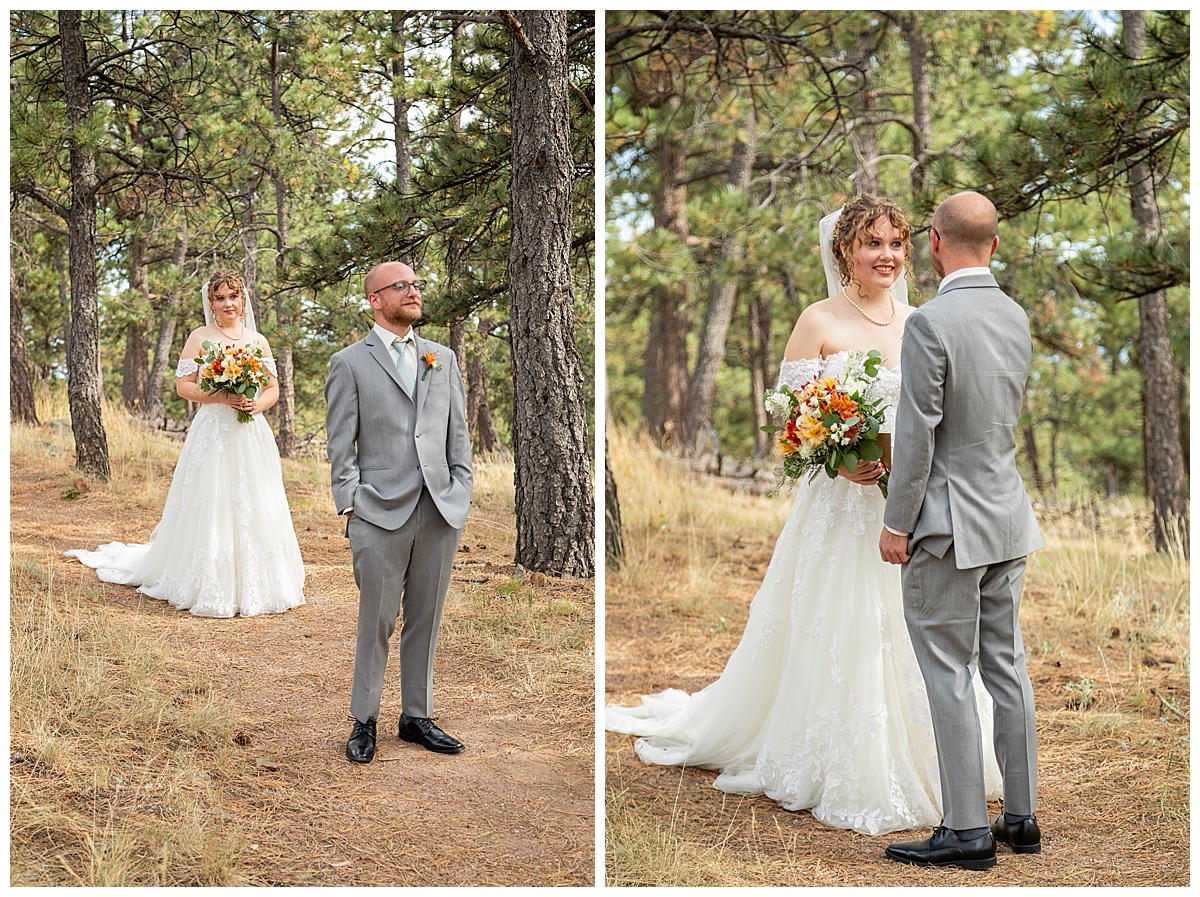 Photos of the bride and groom doing their first look for their Lookout Mountain wedding. They are standing in a pine forest.
