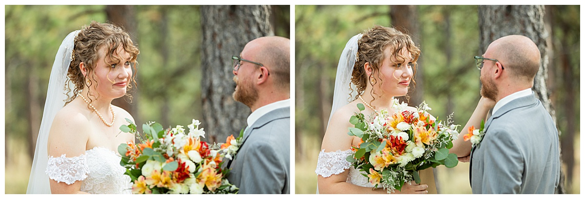 Photos of the bride and groom doing their first look for their Lookout Mountain wedding. They are standing in a pine forest.