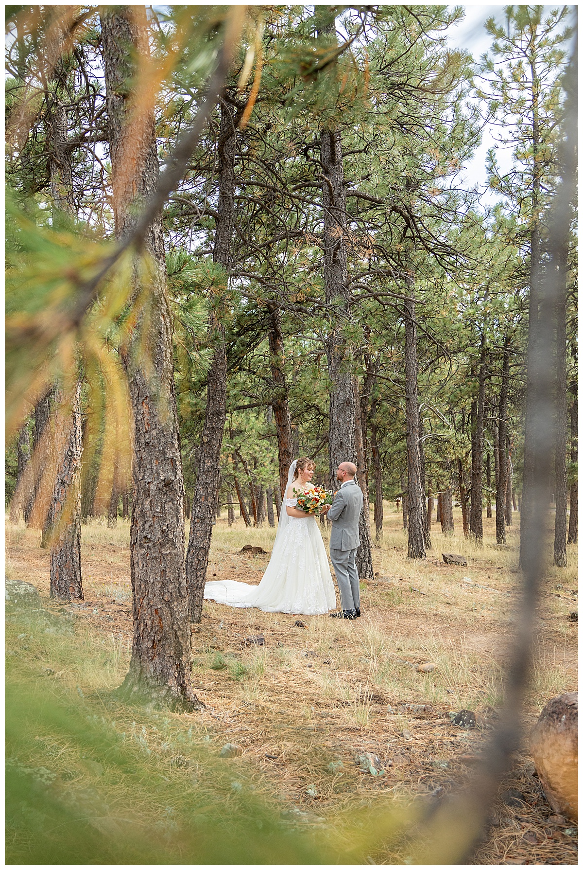 Photos of the bride and groom doing their first look for their Lookout Mountain wedding. They are standing in a pine forest.