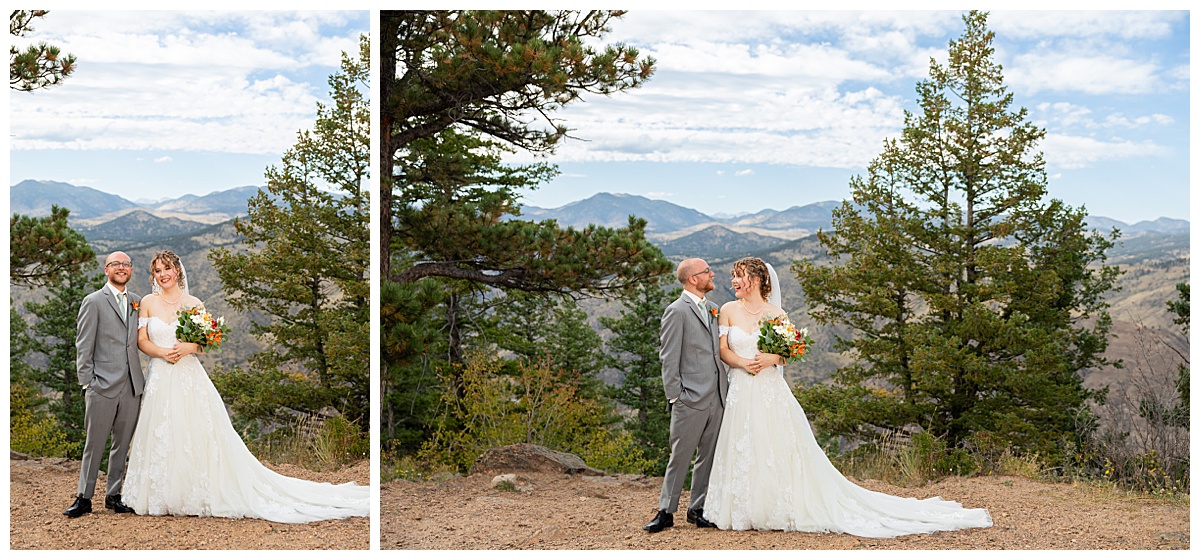 Photos of the bride and groom taking their bridal portraits for their Lookout Mountain wedding. They are posing in front of pine trees and the Rocky Mountain range in the background.