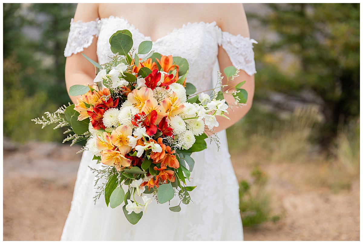 Photos of the bride and groom taking their bridal portraits for their Lookout Mountain wedding. They are posing in front of pine trees and the Rocky Mountain range in the background.