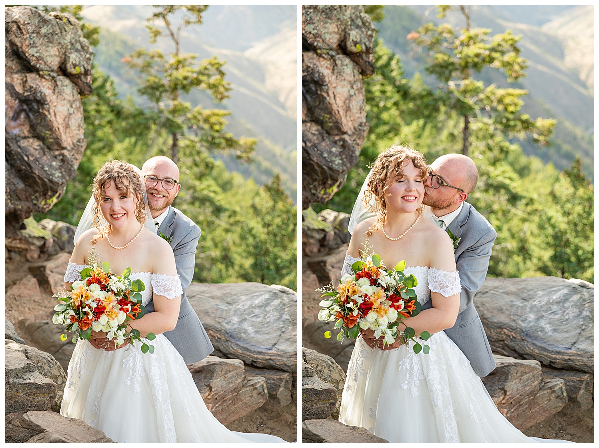Photos of the bride and groom taking their bridal portraits for their Lookout Mountain wedding. They are posing in front of pine trees and the Rocky Mountain range in the background.