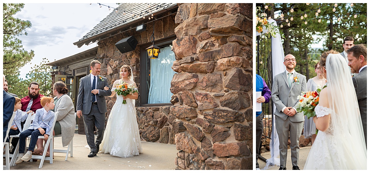 Photos of the bride walking down the aisle. The ceremony is outside the mansion.