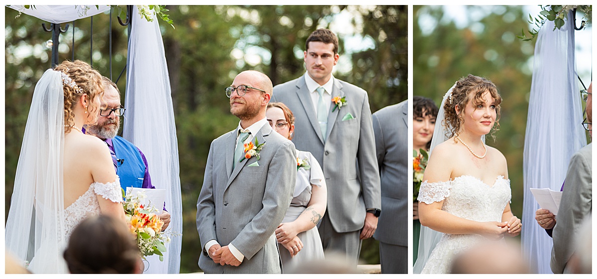 Photos of the bride and groom during their wedding ceremony. They are standing in front of a metal arch with white fabric draped over it and fall-colored flowers.