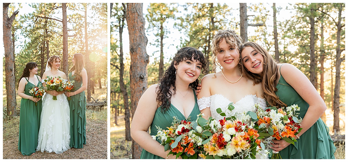 Photos of the bride and groom with their bridal party. The bride has two bridesmaids in floor-length green dresses.