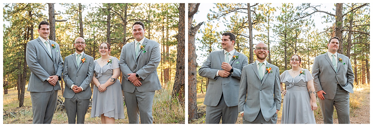 Photos of the bride and groom with their bridal party. The groom has three groomsmen, one in a short gray dress and two in gray suits.