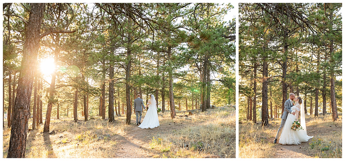 Golden hour photos of the bride and groom just outside Boettcher Mansion. They are posing in a forest of pine trees with golden light behind them.
