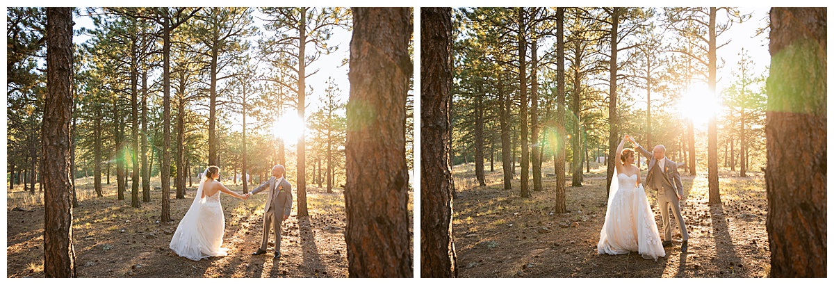 Golden hour photos of the bride and groom just outside Boettcher Mansion. They are posing in a forest of pine trees with golden light behind them.