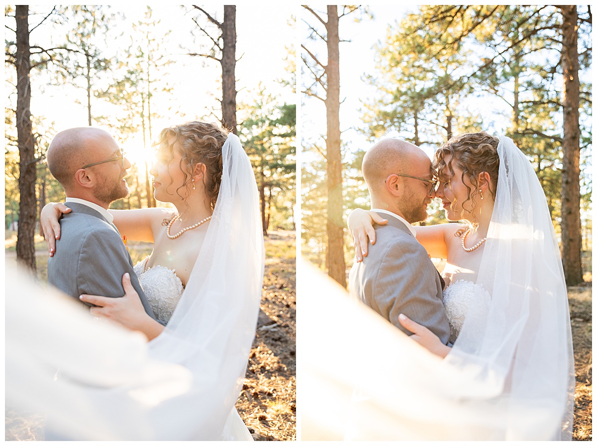 Golden hour photos of the bride and groom just outside Boettcher Mansion. They are posing in a forest of pine trees with golden light behind them.