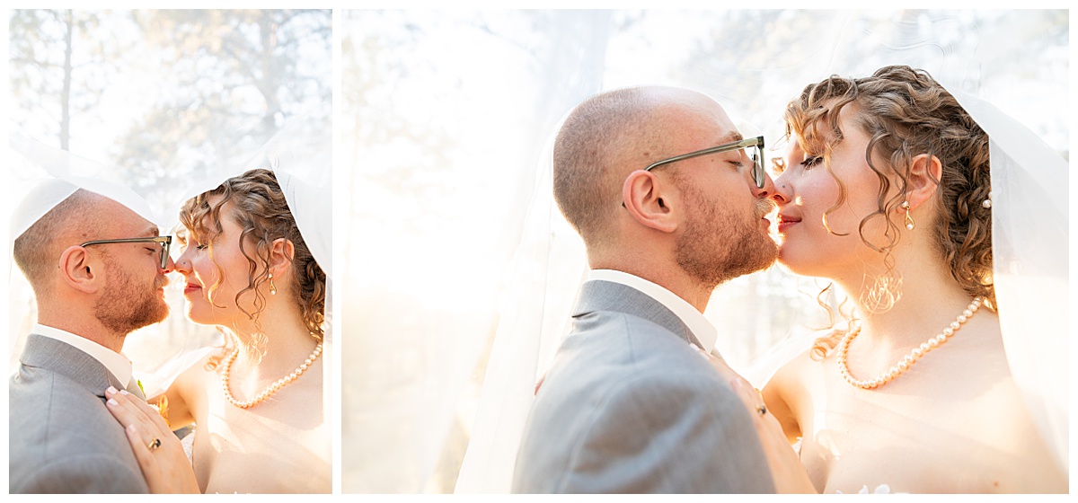 Golden hour photos of the bride and groom just outside Boettcher Mansion. They are posing in a forest of pine trees with golden light behind them.