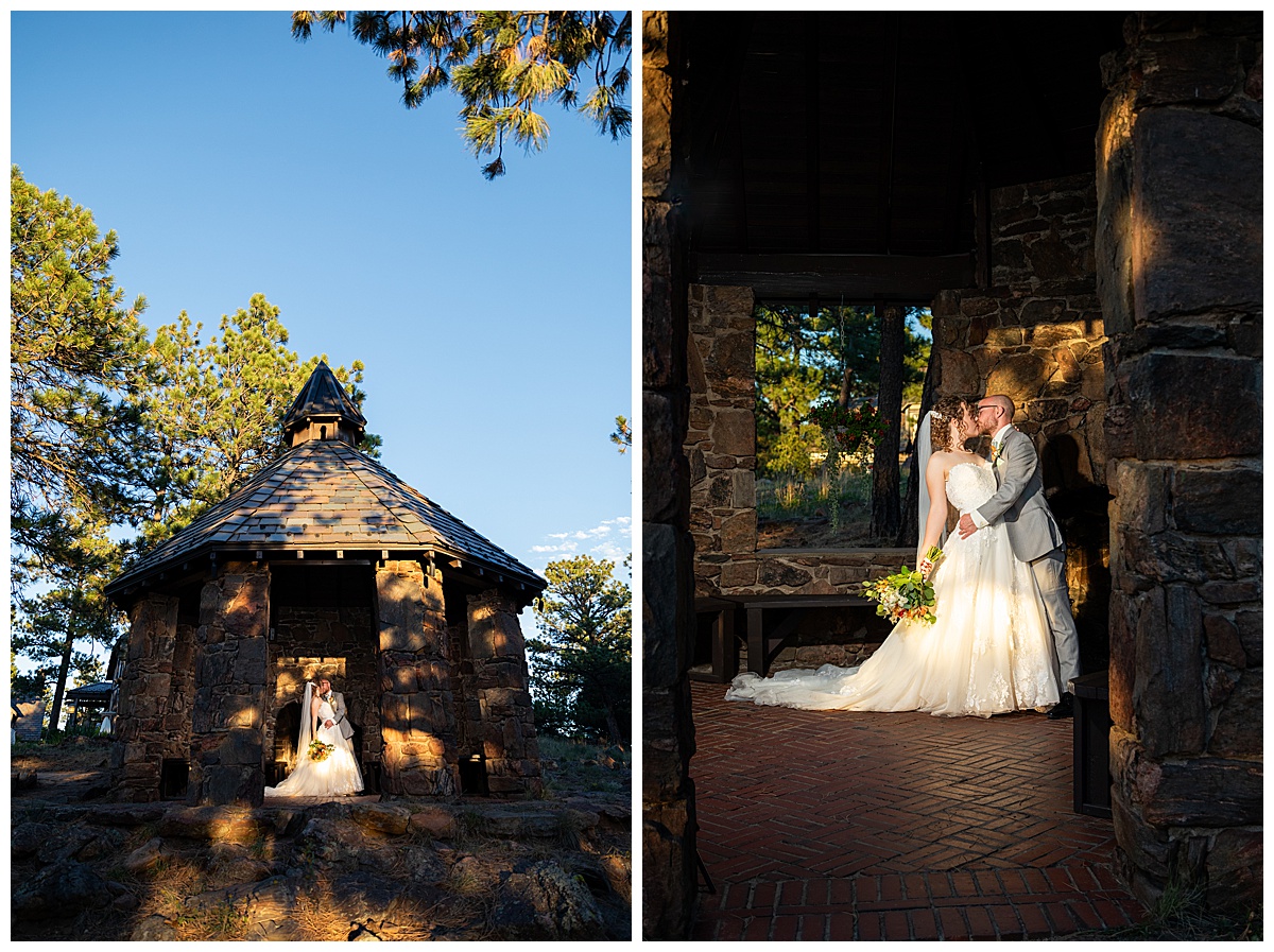 Golden hour photos of the bride and groom just outside Boettcher Mansion. They are posing in a forest of pine trees with golden light behind them.